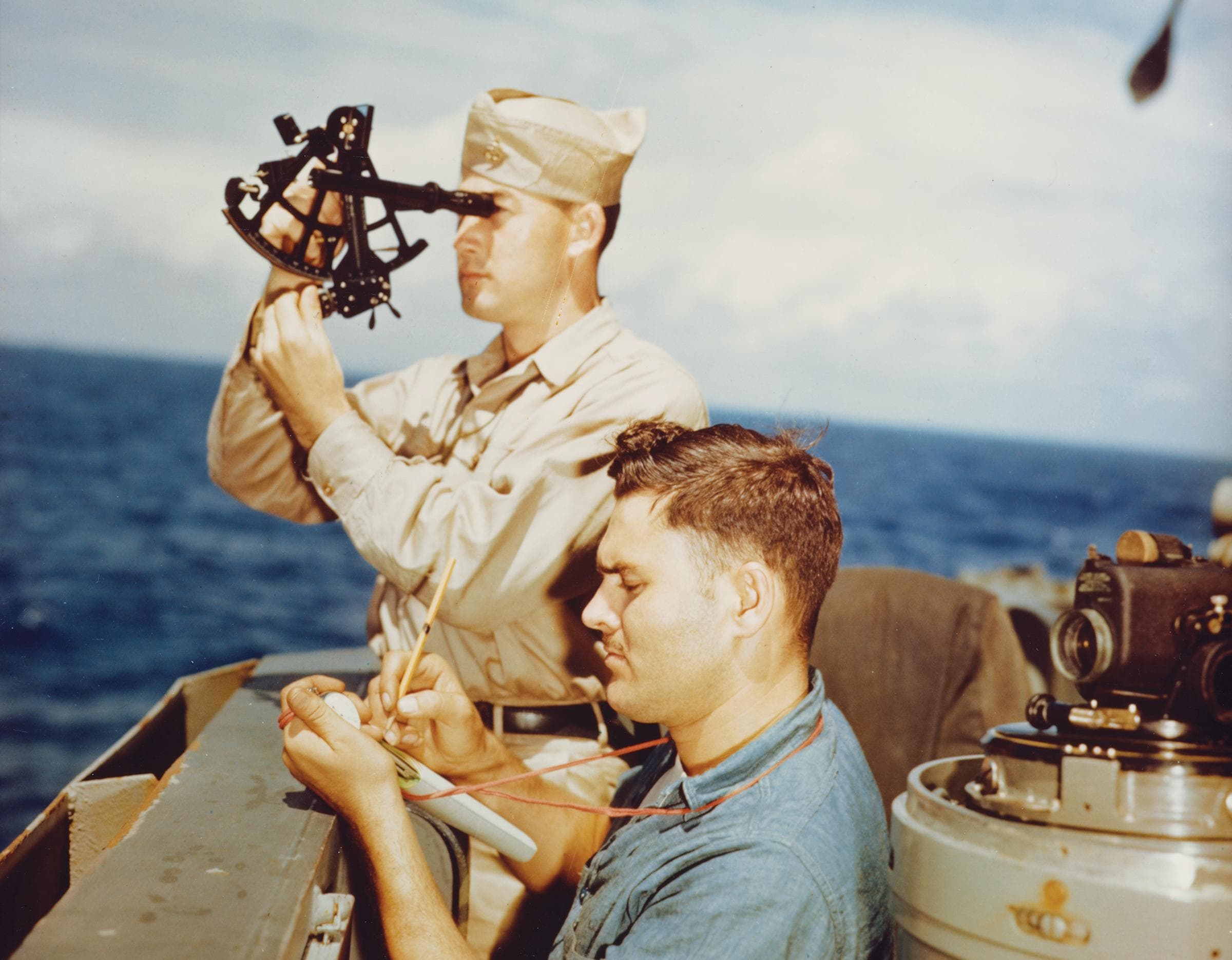 Dead reckoning means working forward from your own last known position; a celestial fix means locating yourself against the world. Not dead reckoning, c. 1942. A navigator takes a celestial fix with a sextant, U.S. Navy.