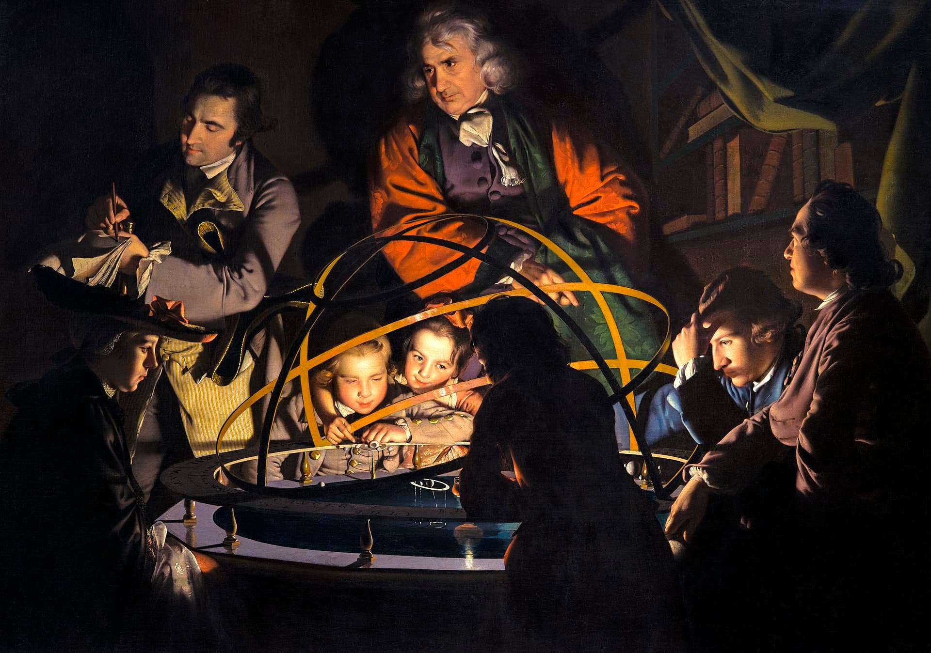 A crowd gathered, rapt, around a beautiful mechanical model of the solar system — wrong in every detail, useful anyway. Joseph Wright of Derby, A Philosopher Giving a Lecture on the Orrery, 1766.